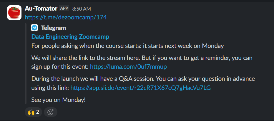 Au-Tomator bot reposting Telegram messages to Slack