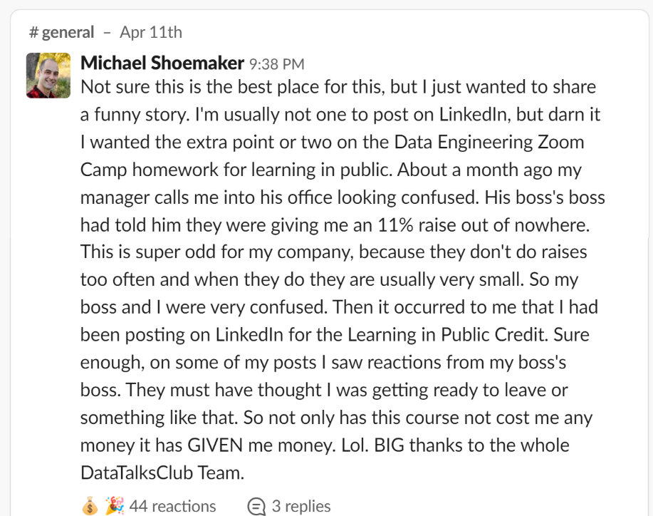 LinkedIn post about getting an 11% raise from learning in public