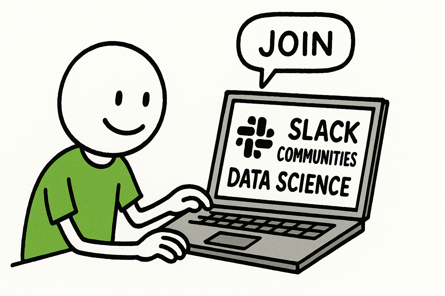 A character sitting before a laptop with a text on the screen: Data Science Slack Communities