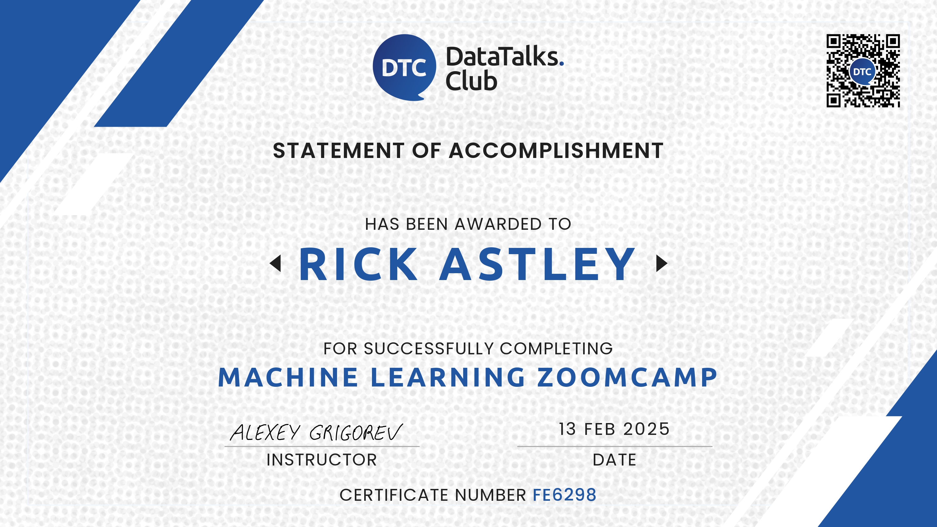 Machine Learning Zoomcamp certificate of completion awarded after successfully completing projects and peer reviews