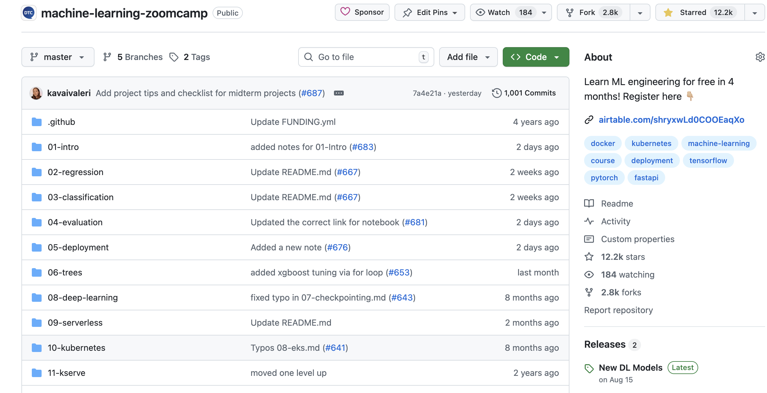 Machine Learning Zoomcamp GitHub repository - free course materials, homework assignments, and video lectures for learning machine learning