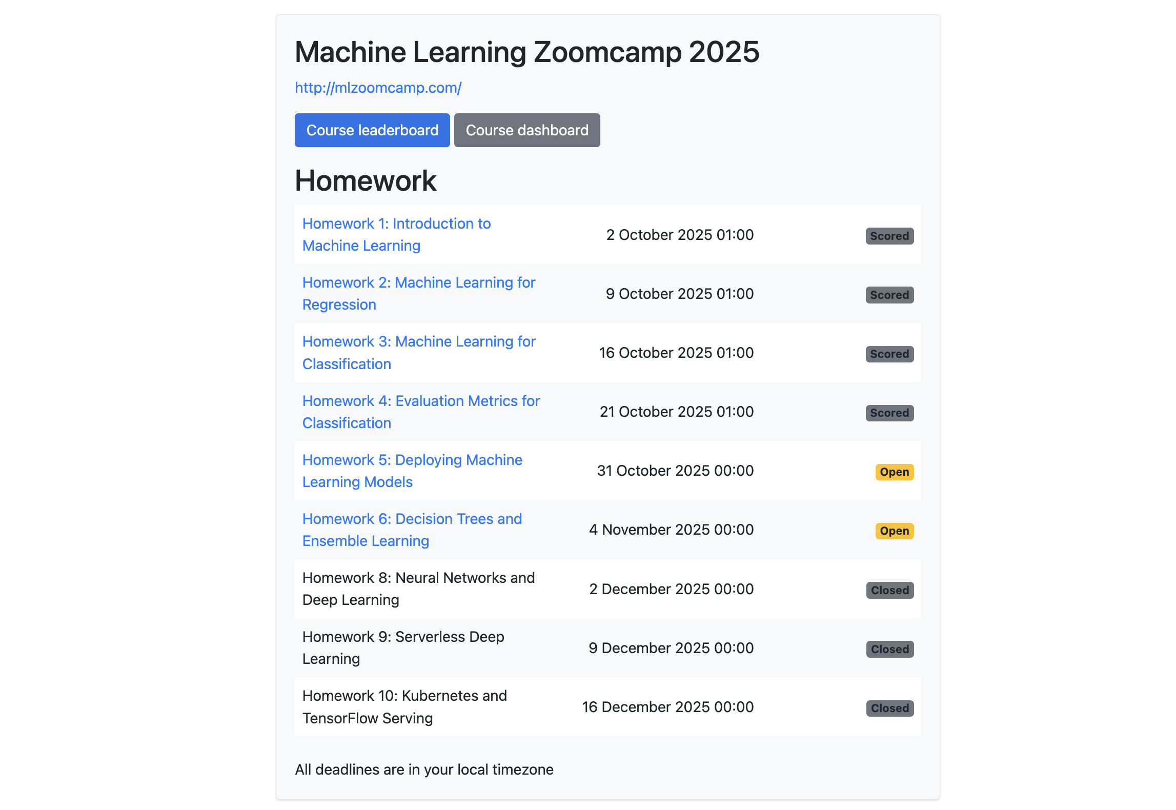 ML Zoomcamp 2026 schedule - weekly course timeline with homework submission deadlines for 4-month machine learning certification program