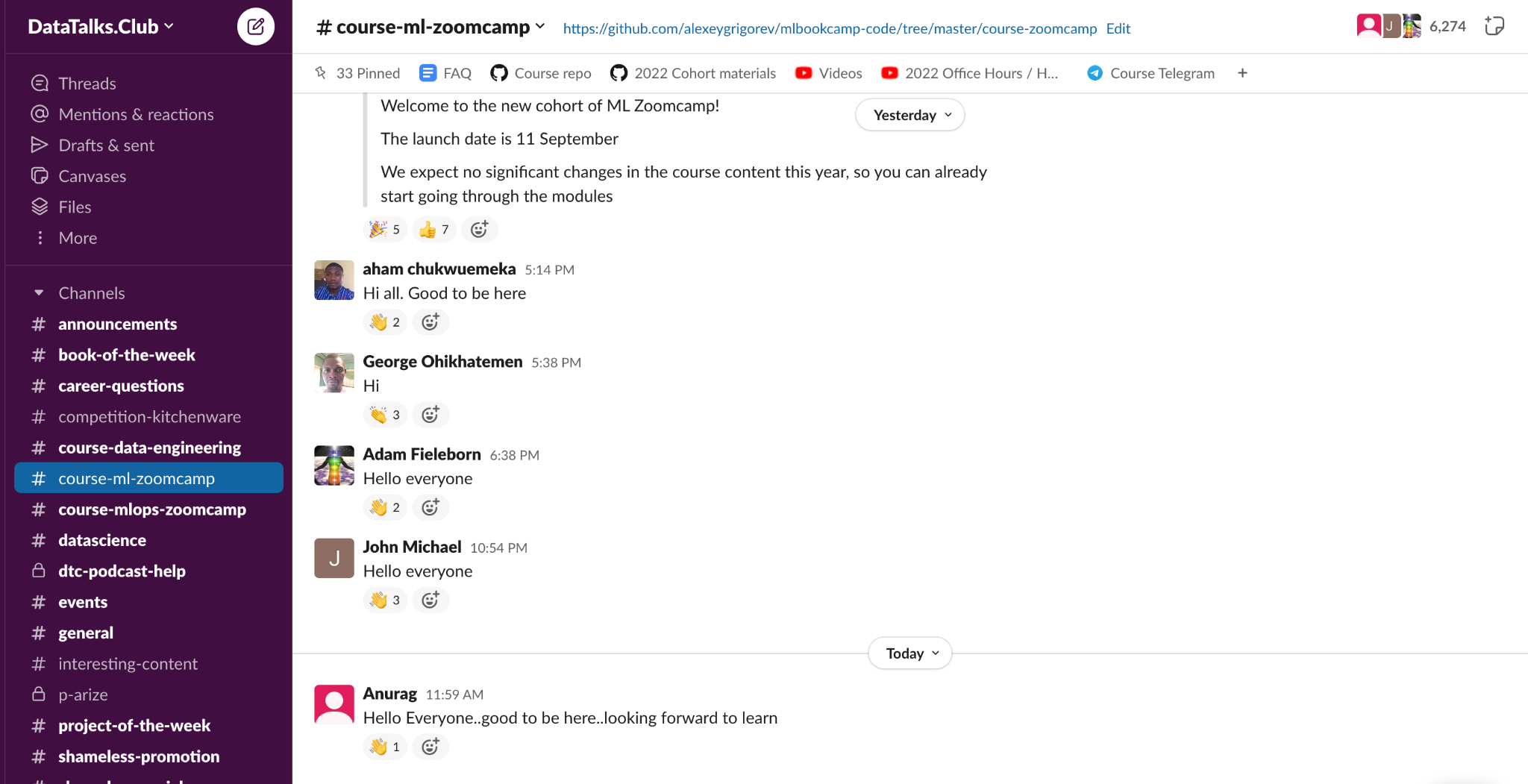 DataTalks.Club Slack community discussion about ML Zoomcamp