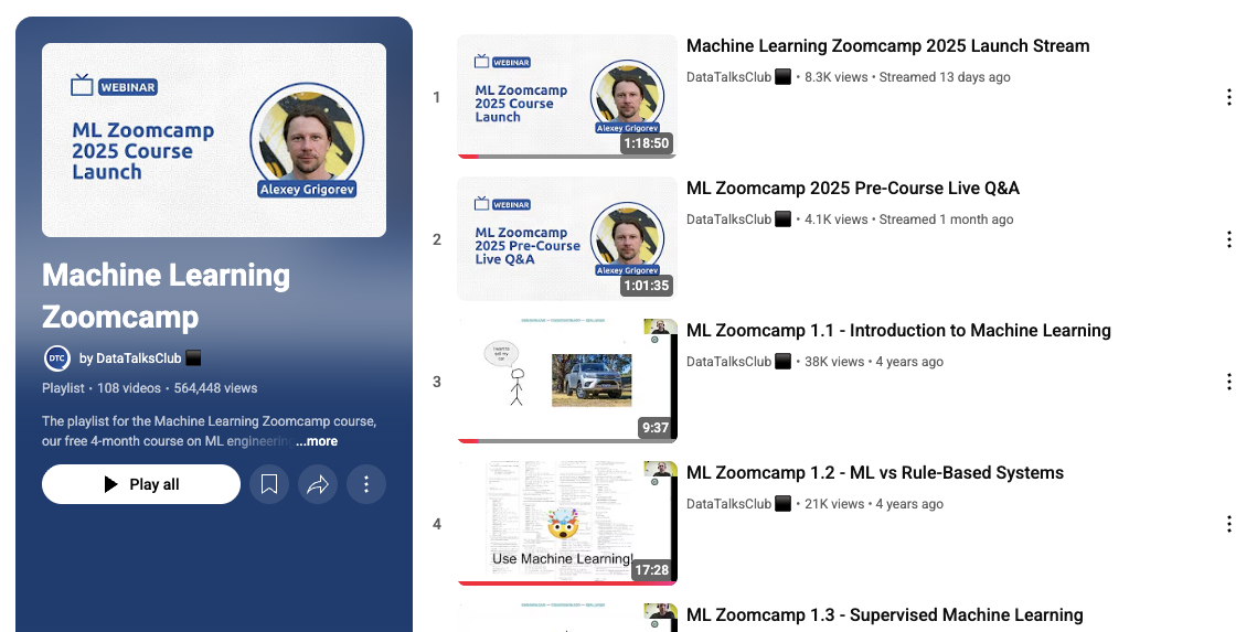 Machine Learning Zoomcamp YouTube playlist featuring video lectures on regression, classification, neural networks, and deployment