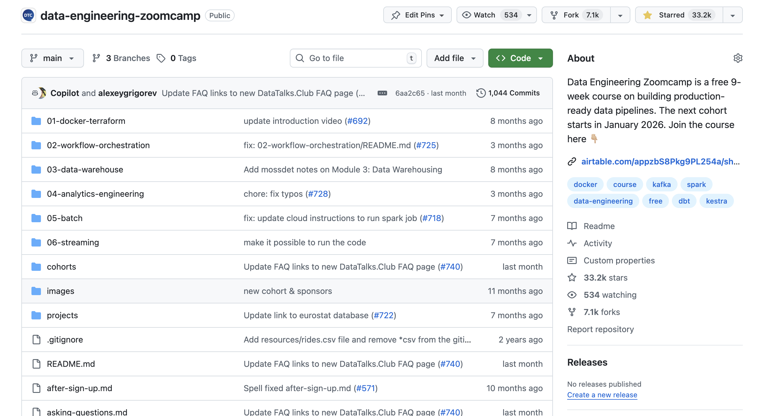 Data Engineering Zoomcamp GitHub Repository Data Engineering Zoomcamp GitHub repository - free course materials, homework assignments, and video lectures for learning data engineering