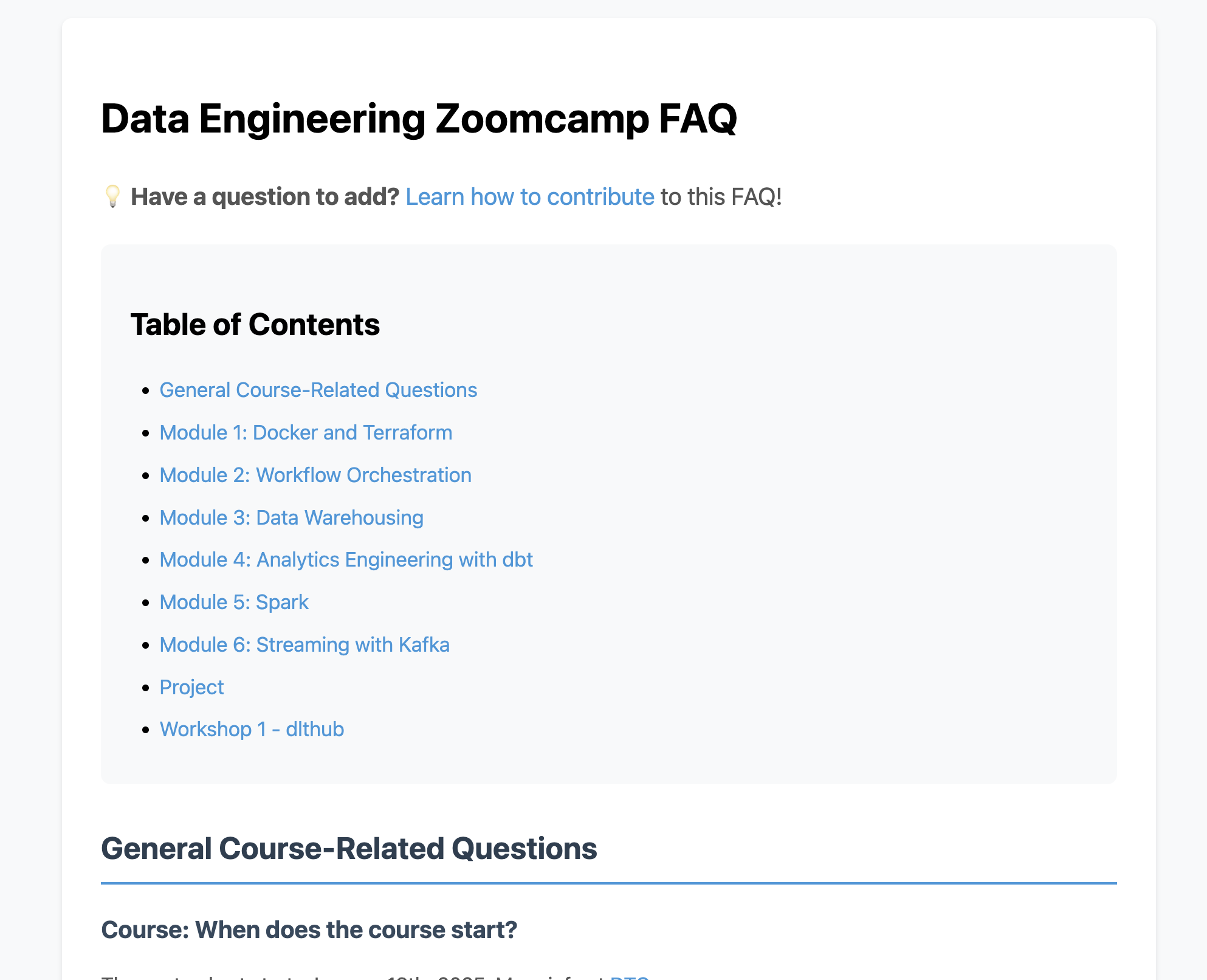 Data Engineering Zoomcamp FAQ Data Engineering Zoomcamp FAQ - frequently asked questions about course registration, homework, certification, and technical troubleshooting