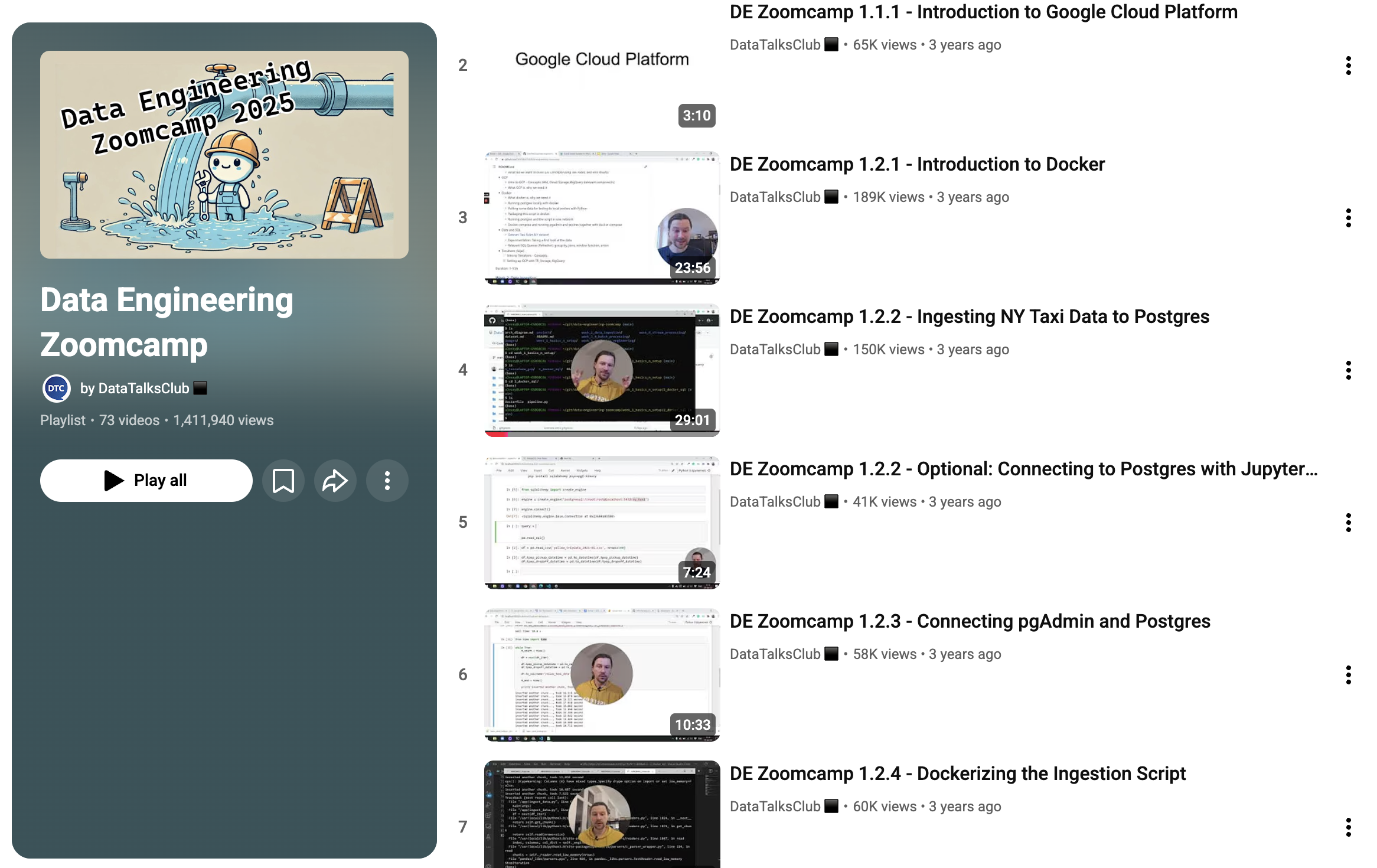 Free Data Engineering Video Lectures on YouTube Data Engineering Zoomcamp YouTube playlist - free video lectures on Docker, Terraform, BigQuery, dbt, Spark, Kafka, and data pipeline development