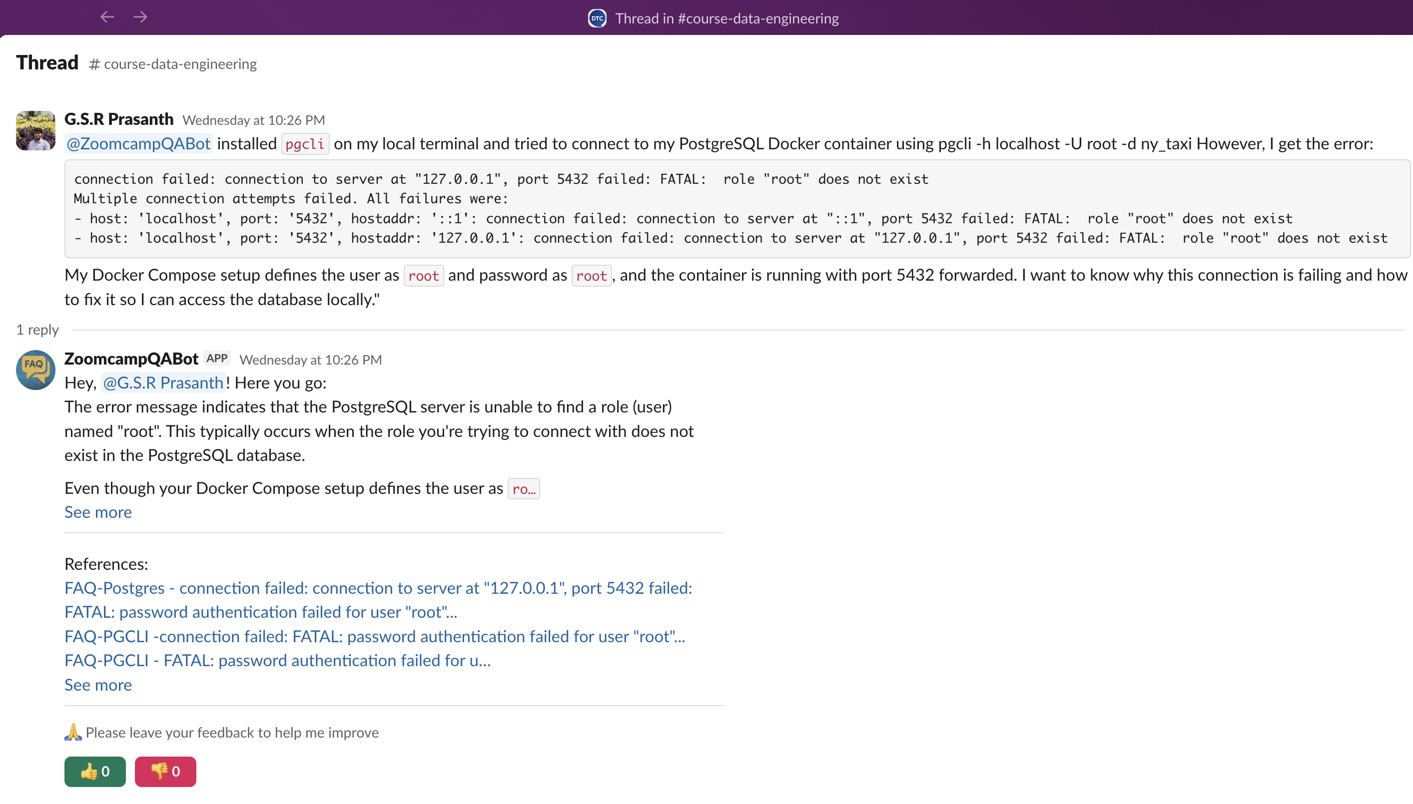 Zoomcamp QA Bot - Instant Course Support Data Engineering Zoomcamp QA Bot on Slack - automated assistant answering course questions about data pipelines, homework, and technical issues