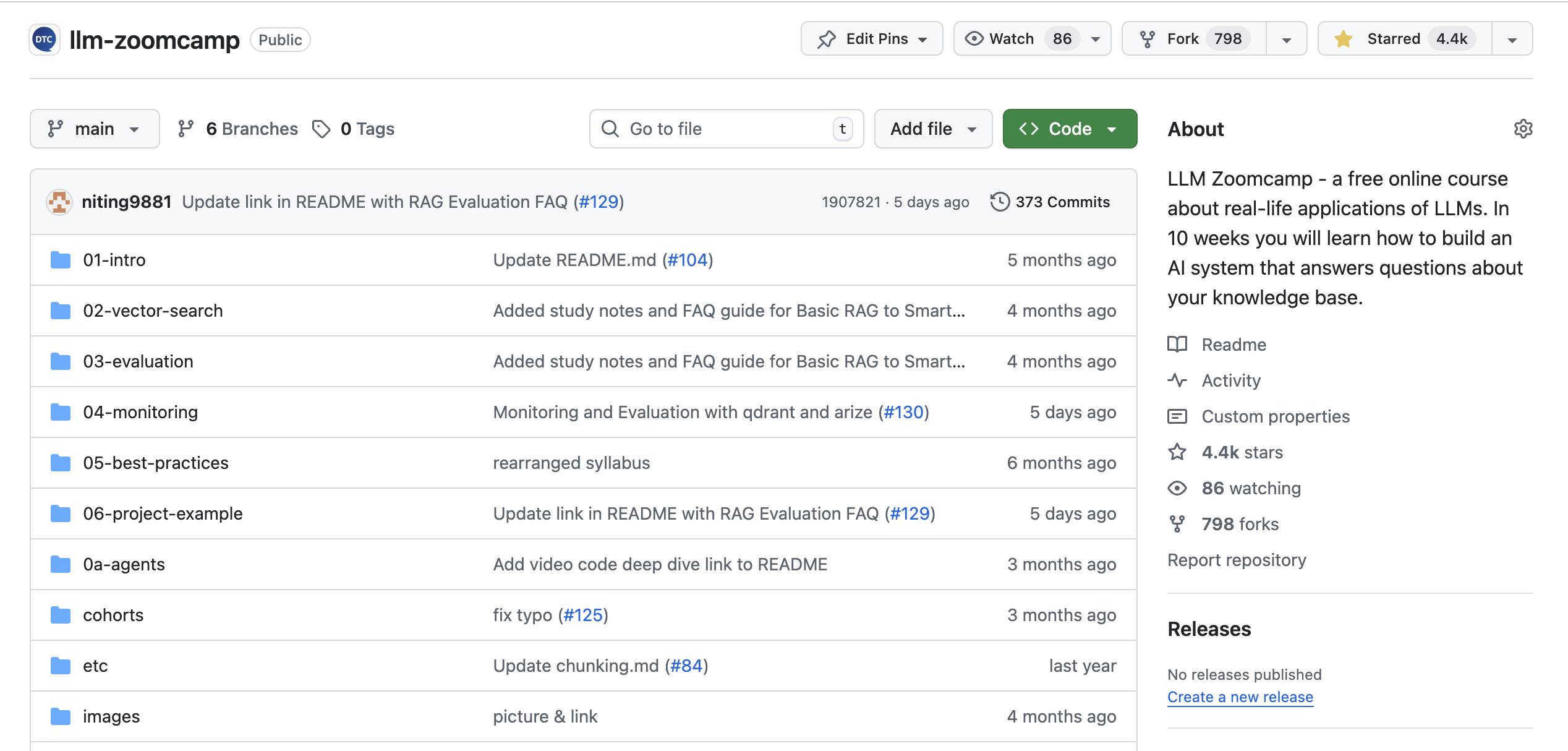LLM Zoomcamp GitHub repository - free course materials, homework assignments, code examples, and project guidelines for learning LLM engineering and RAG