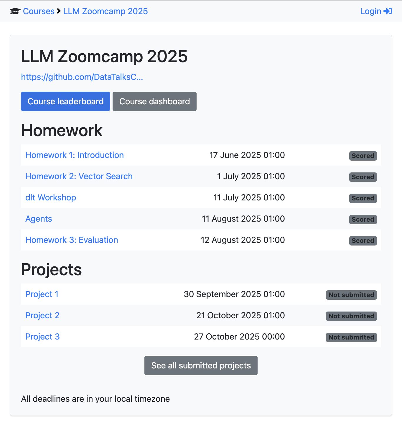 LLM Zoomcamp homework assignments - examples of practical exercises covering RAG pipelines, vector search, evaluation, and LLM engineering