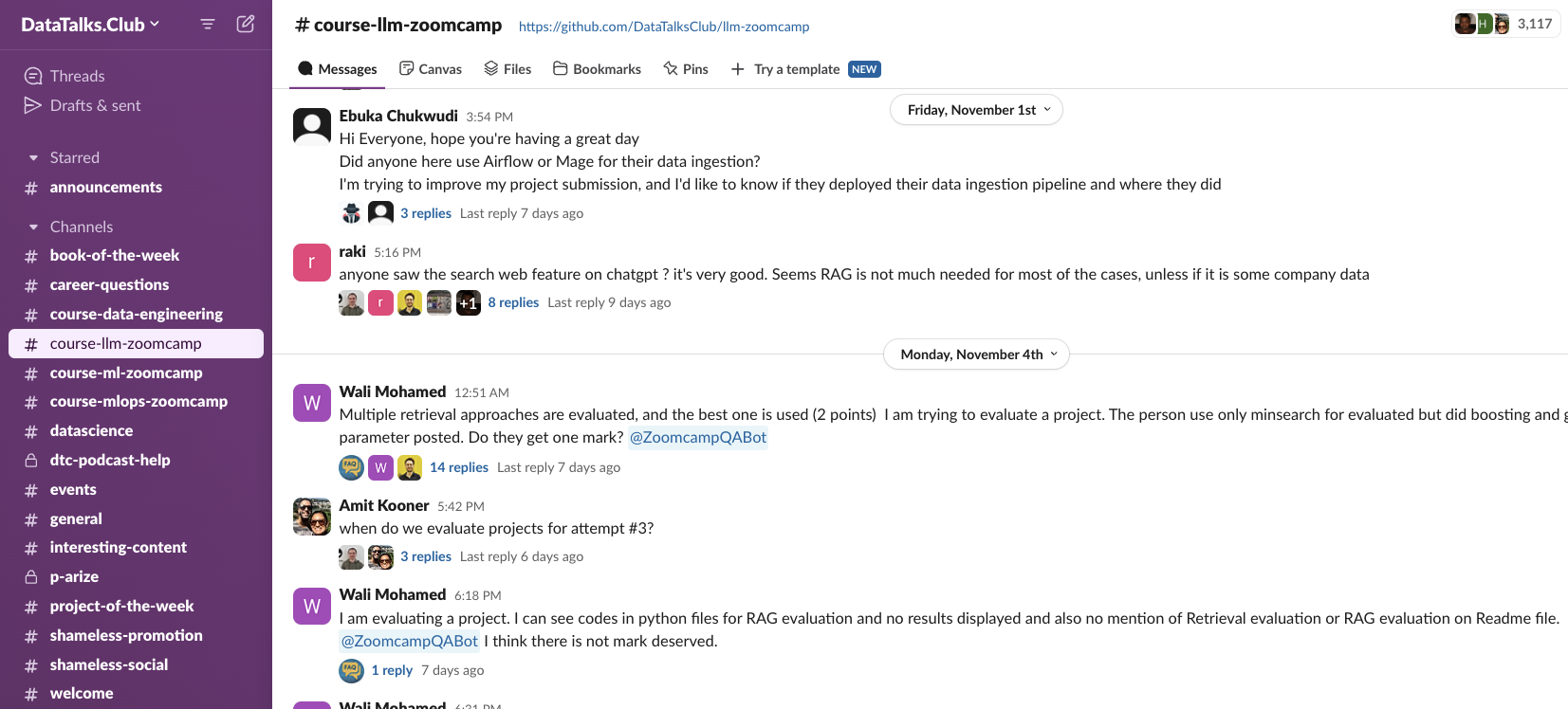 DataTalks.Club Slack community - LLM Zoomcamp course channel with active discussions and peer support for RAG and LLM engineering