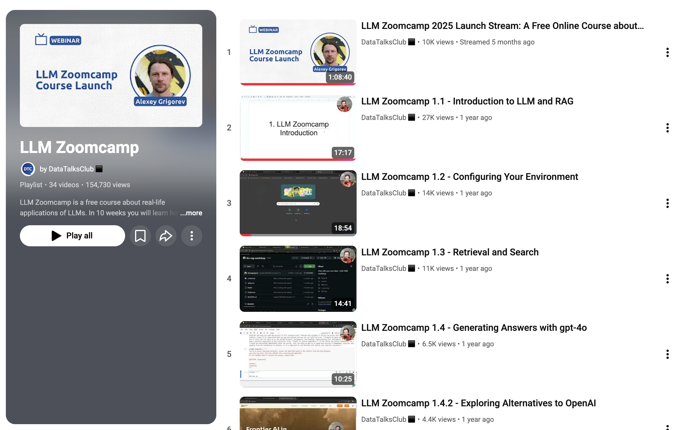 LLM Zoomcamp YouTube playlist - free video lectures on LLM Zoomcamp