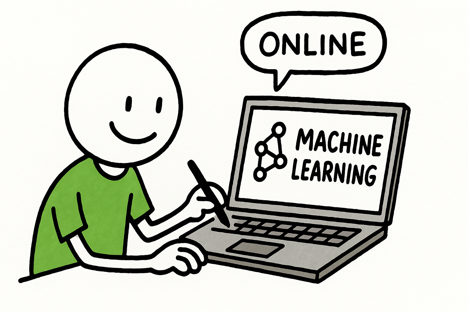 A character sitting before a laptop with a text on the screen: Machine Learning