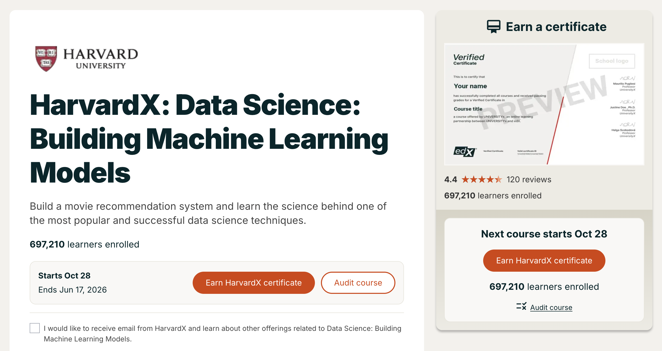 Harvard Data Science Machine Learning - free edX course teaching ML through building a movie recommendation system with cross-validation and PCA