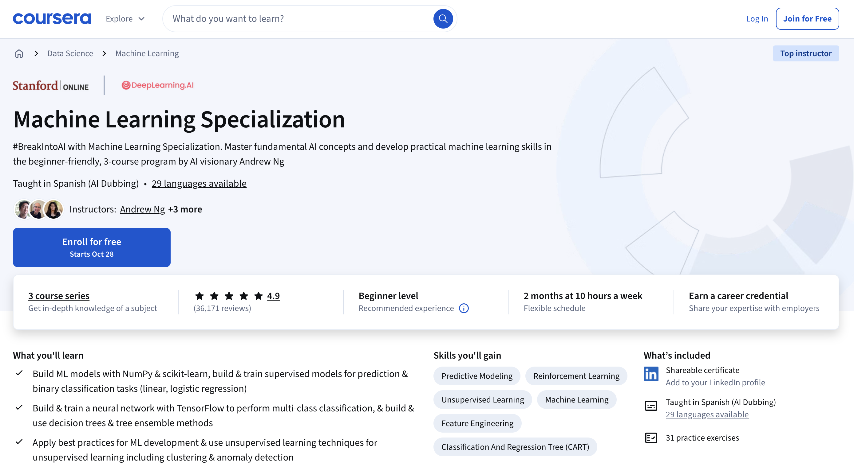 DeepLearning.AI Machine Learning Specialization by Andrew Ng - free Coursera course covering supervised learning, neural networks, and recommender systems