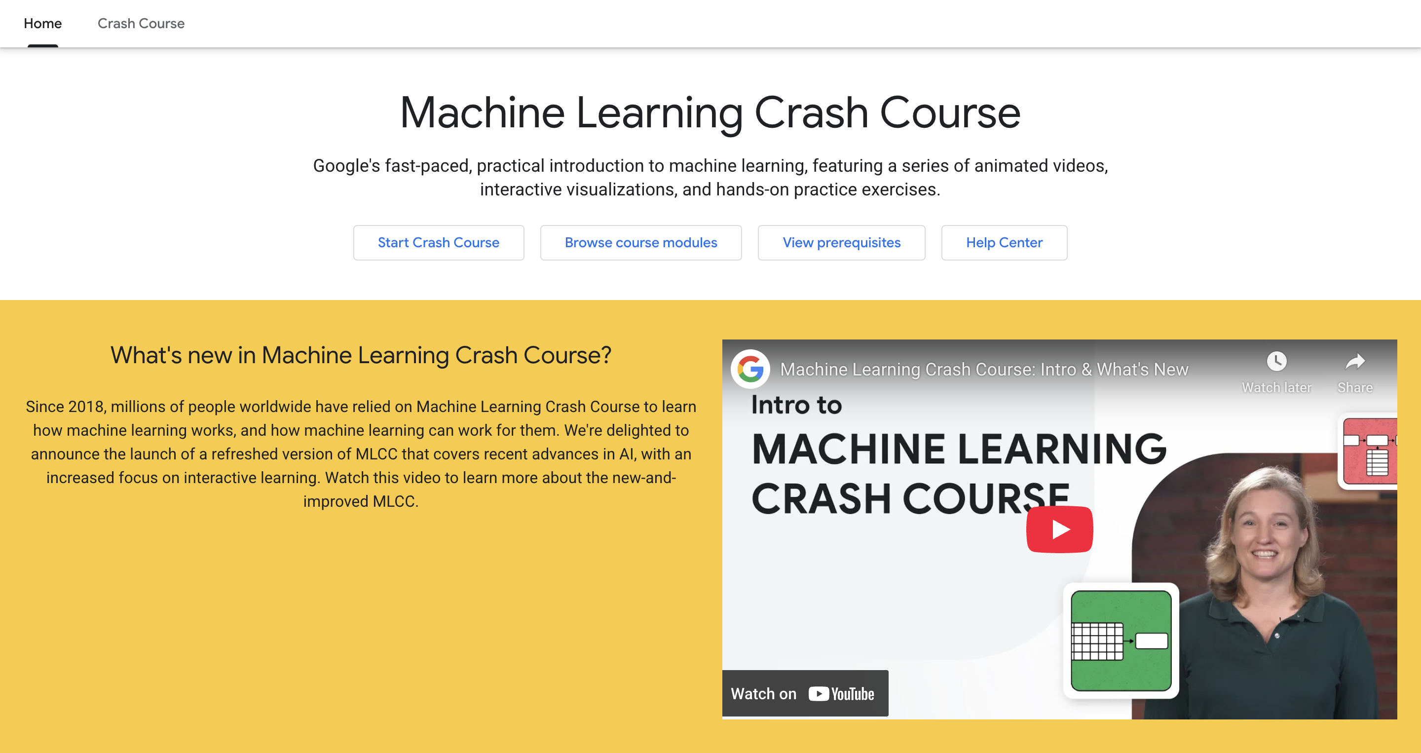 Google Machine Learning Crash Course - free ML course covering linear regression, logistic regression, neural networks, and production ML systems