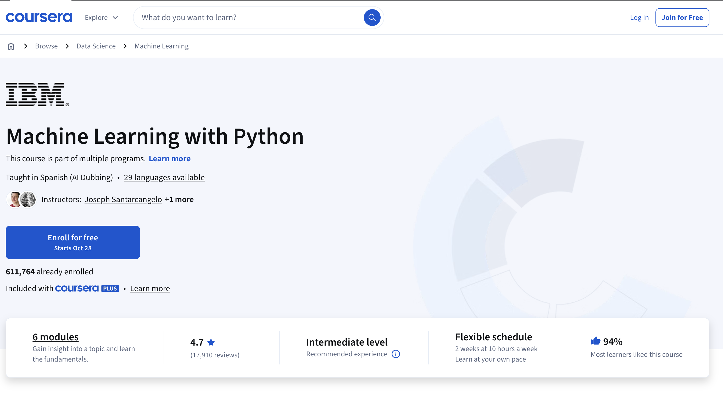 IBM Machine Learning with Python - free Coursera course covering regression, classification, clustering, and scikit-learn with hands-on labs