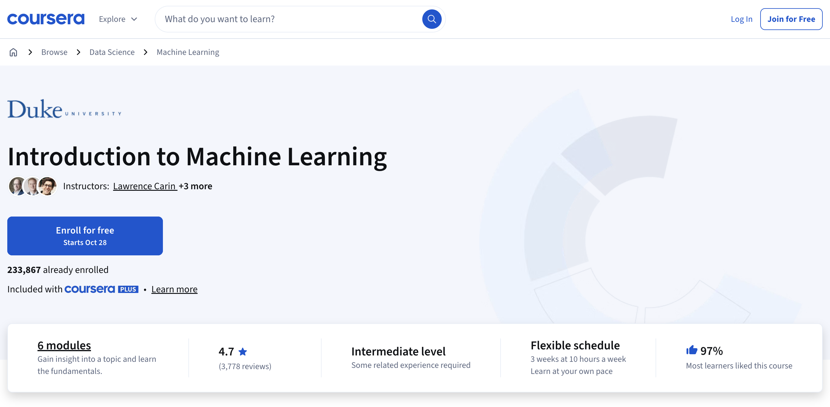 Duke University Introduction to Machine Learning - free Coursera course covering logistic regression, neural networks, CNNs, and NLP with PyTorch