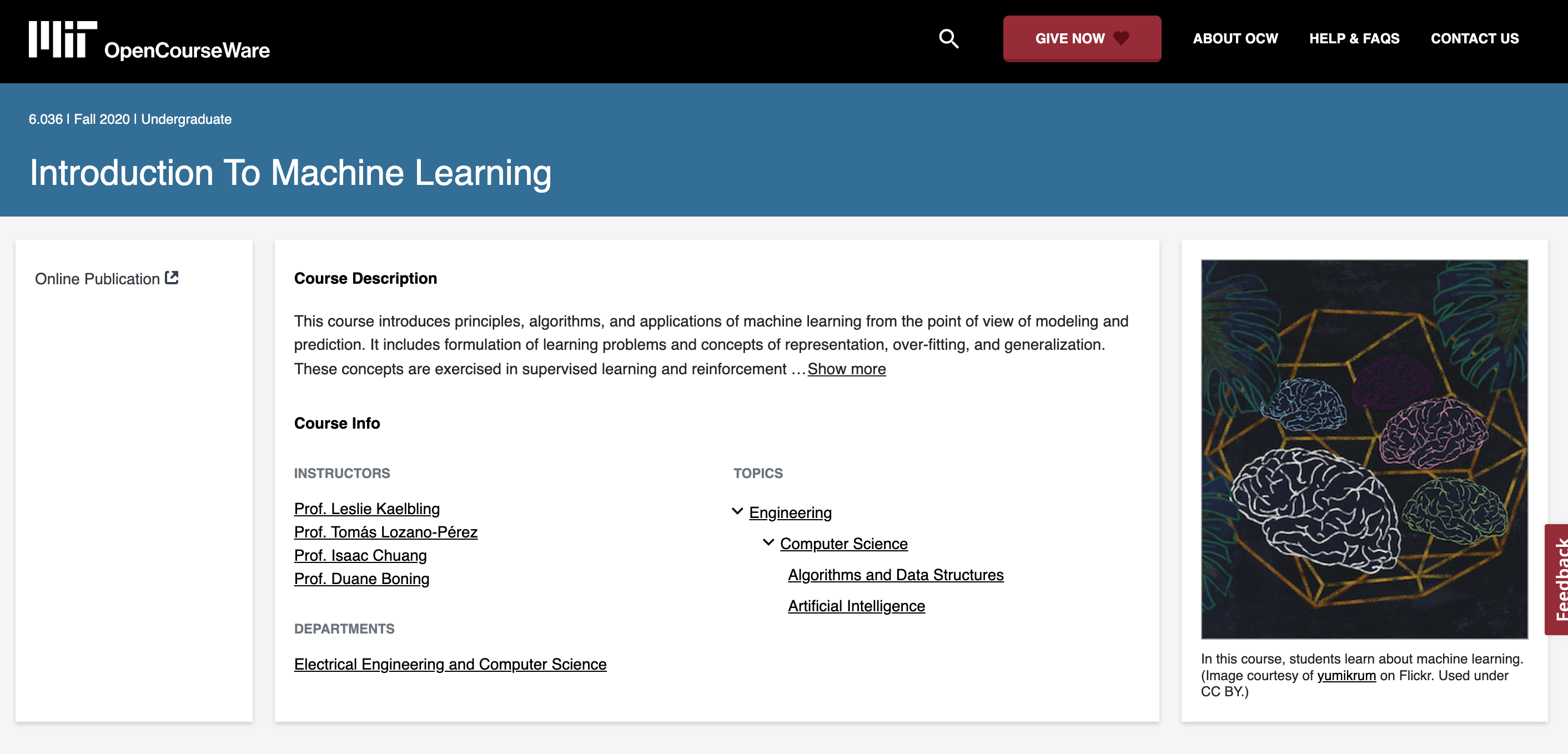 MIT 6.036 Introduction to Machine Learning - free course covering representation, overfitting, generalization, supervised learning, and reinforcement learning