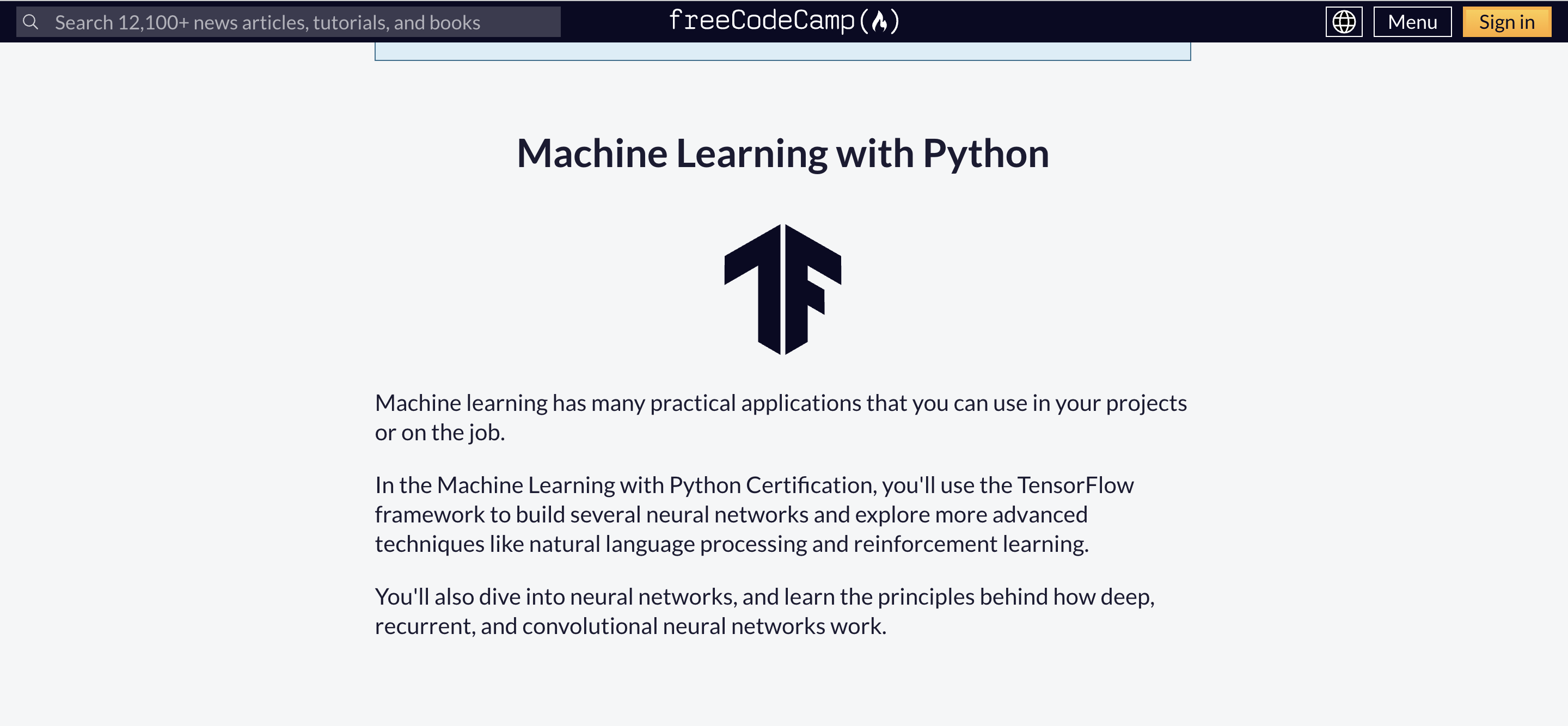 FreeCodeCamp Machine Learning with Python - free certification covering neural networks, CNNs, RNNs, NLP, and PyTorch with hands-on projects