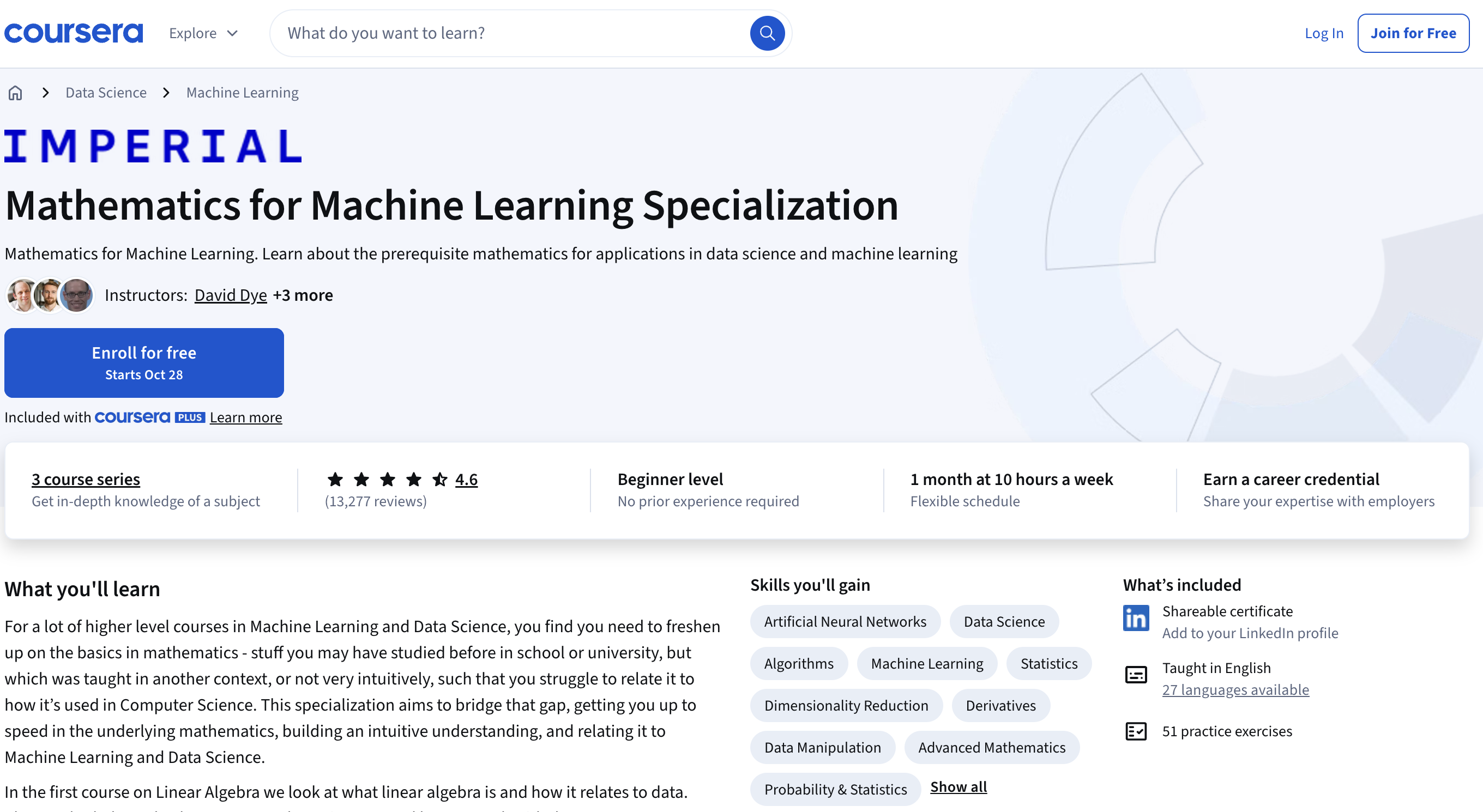 Imperial College London Mathematics for Machine Learning - free Coursera specialization covering linear algebra, multivariate calculus, and PCA