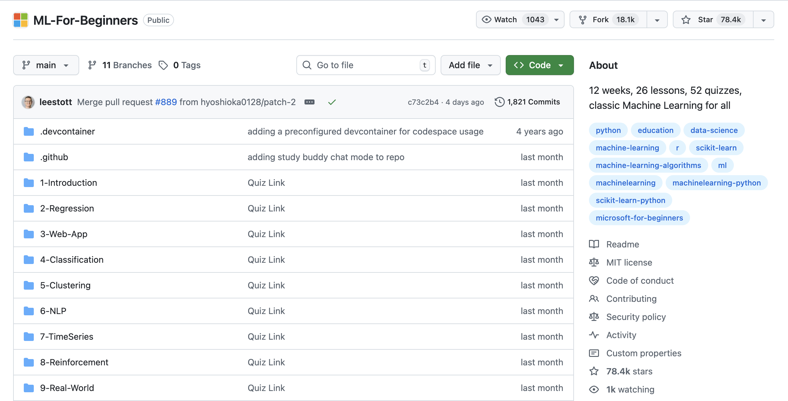 Microsoft ML for Beginners - free 12-week machine learning curriculum with Python and scikit-learn covering regression, classification, clustering, and NLP