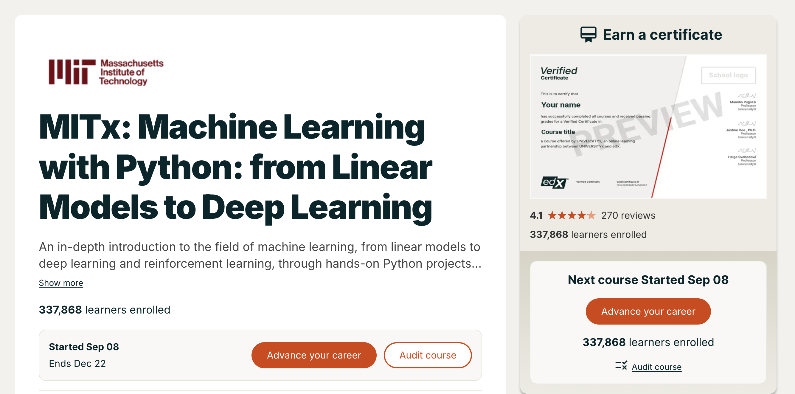 MIT Machine Learning with Python - free edX course from linear models to deep learning covering neural networks, SVMs, and reinforcement learning