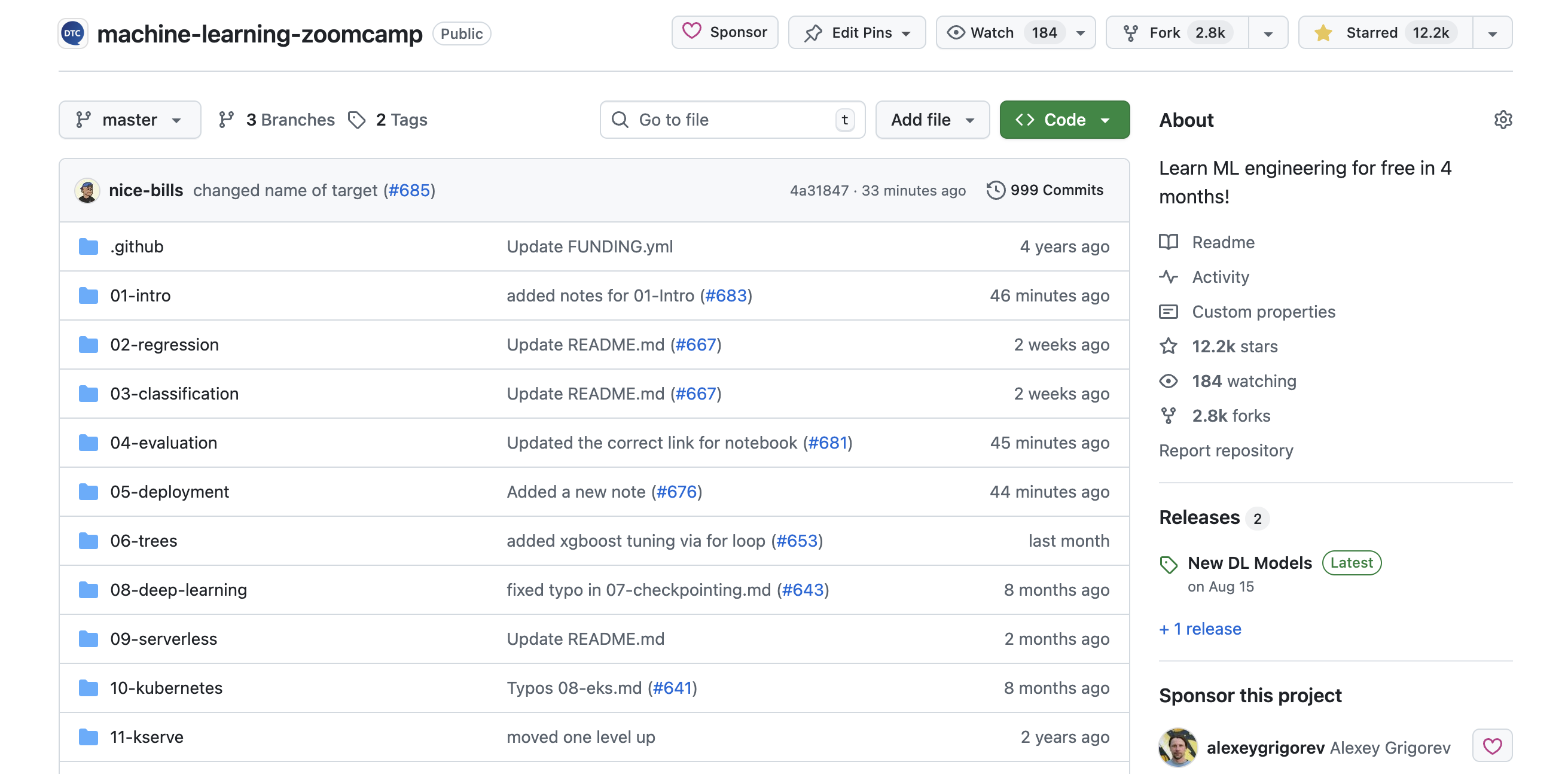 ML Zoomcamp by DataTalks.Club - free machine learning course covering regression, classification, deep learning, and ML deployment with Docker and Kubernetes