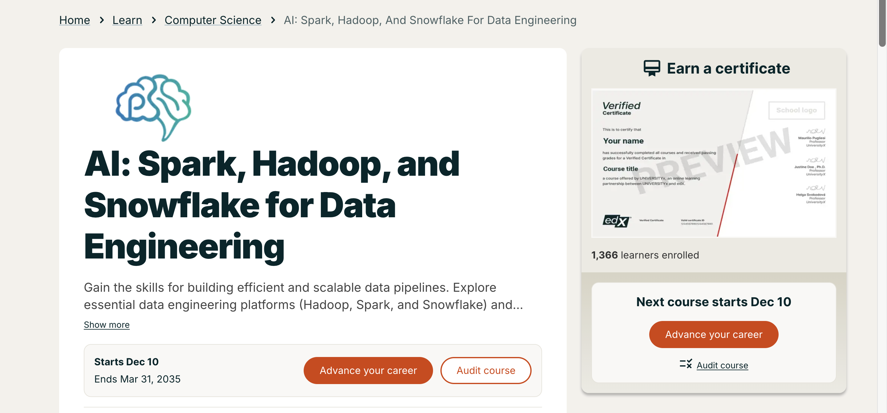 AI: Spark, Hadoop, and Snowflake for Data Engineering course overview
