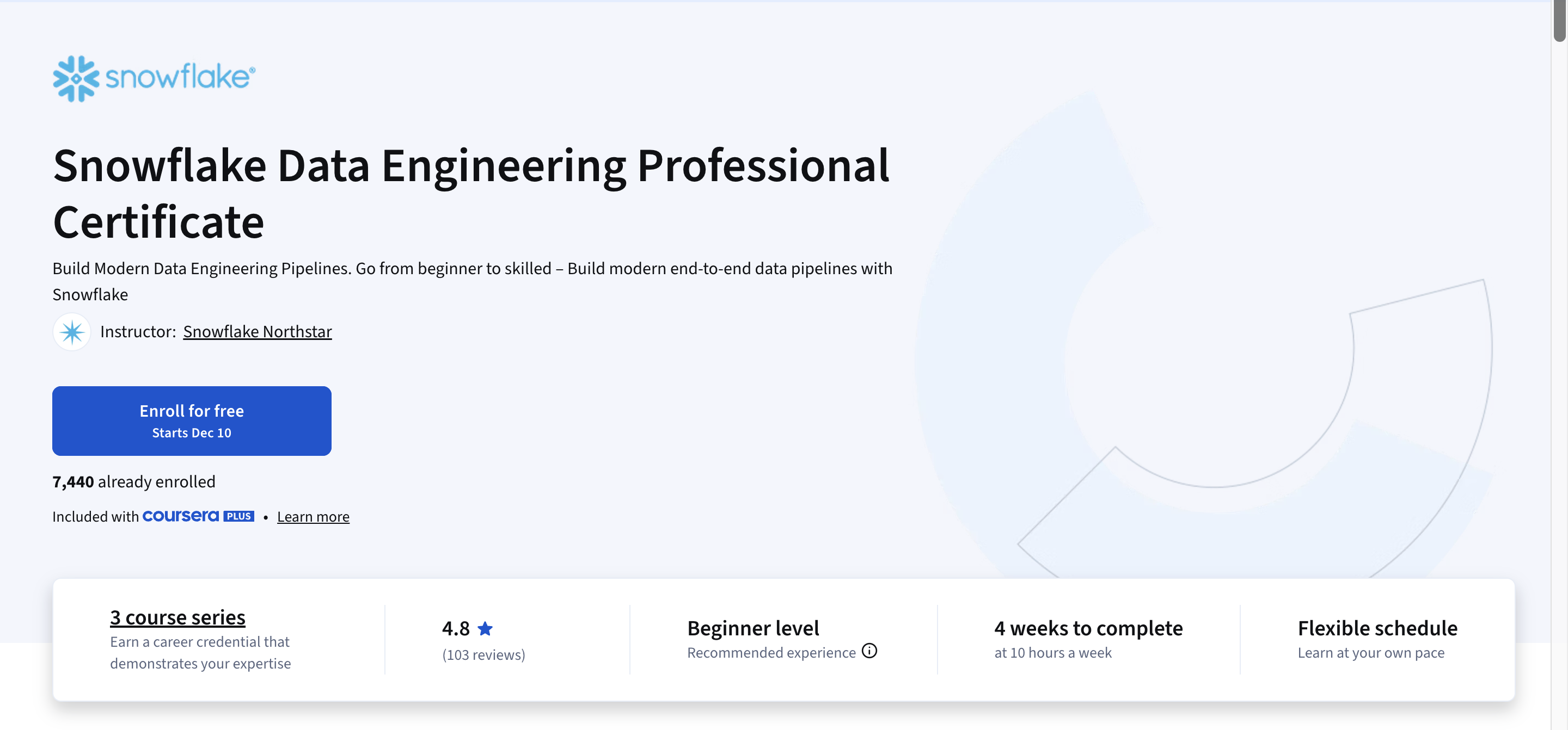 Snowflake Data Engineering Professional Certificate course overview