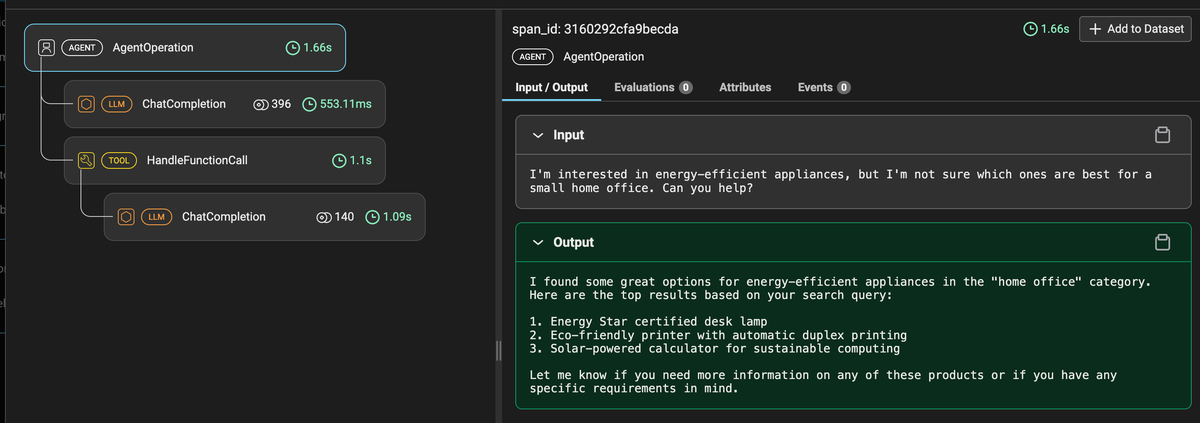 Example of Arize AX agent tracking showing LLM call chain and tool execution flow in an AI agent workflow