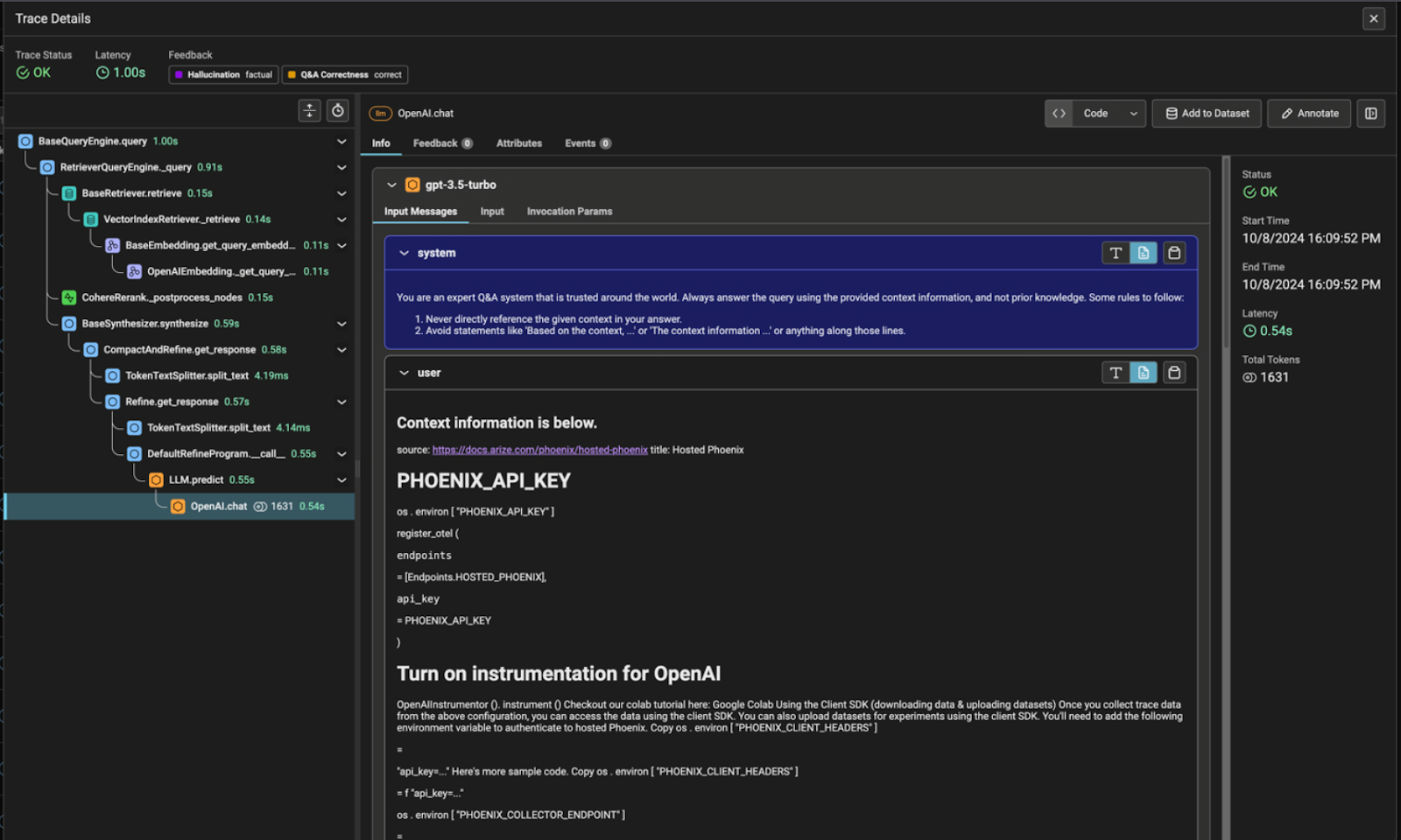 Arize Phoenix interface showing detailed agent traces with spans capturing LLM calls, tool execution, and retriever operations