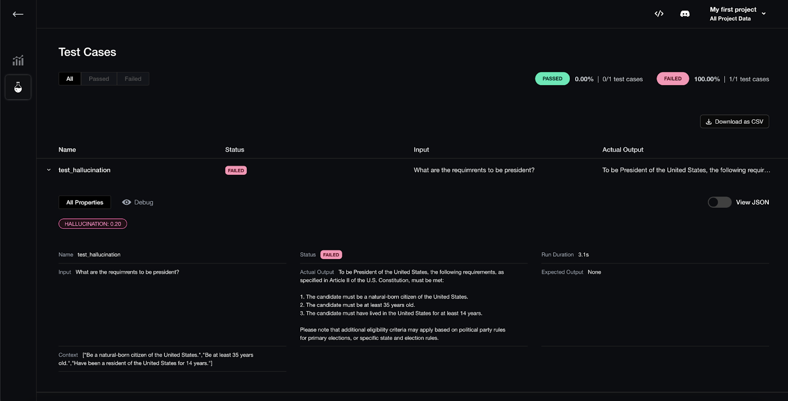 DeepEval dashboard showing RAG application hallucination testing results with pass/fail metrics and evaluation scores